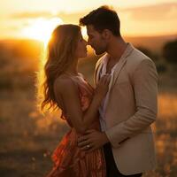 Couple sharing a kiss in front of sunset photo