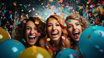 Smiling faces with party poppers and streamers photo