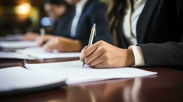 Close-up of student taking handwritten notes photo