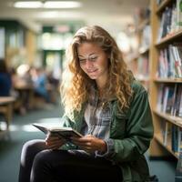 Student reading textbook in quiet study area photo