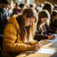 de cerca de estudiante tomando escrito notas foto