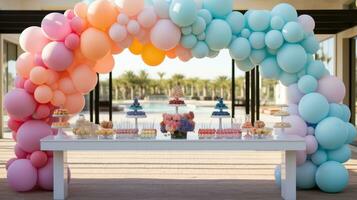 Colorful balloon arches over dessert table photo