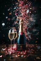 Champagne bottle and confetti poppers photo