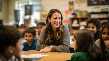 Teacher leading a discussion with engaged students photo