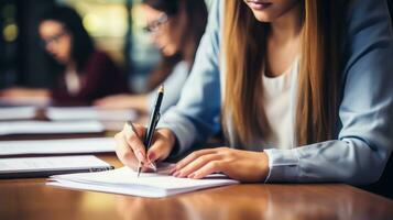 Close-up of student taking handwritten notes photo