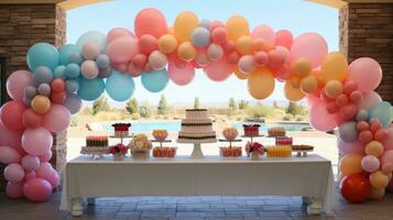 Colorful balloon arches over dessert table photo