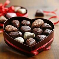 de cerca de un en forma de corazon caja de chocolates foto
