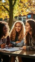 Diverse group of students studying together outdoors photo