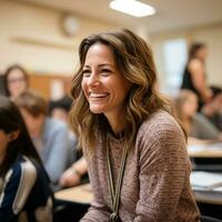 Teacher leading a discussion with engaged students photo