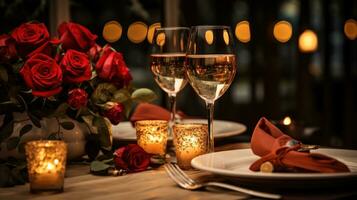 Candlelit dinner with champagne glasses photo