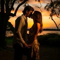 Couple sharing a kiss in front of sunset photo