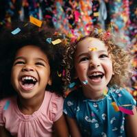 Smiling faces with party poppers and streamers photo