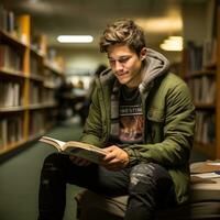 Student reading textbook in quiet study area photo