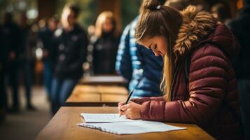 de cerca de estudiante tomando escrito notas foto