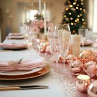 Festive table setting with gold and pink accents photo