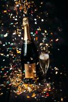 Champagne bottle and confetti poppers photo