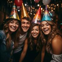 amigos tomando un selfie con fiesta sombreros foto