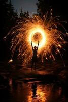 Sparkler light painting cheers in the air. photo