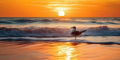 ai generado. ai generativo. hermoso mar náutico puesta de sol playa isla con Gaviota pájaro. gráfico Arte foto