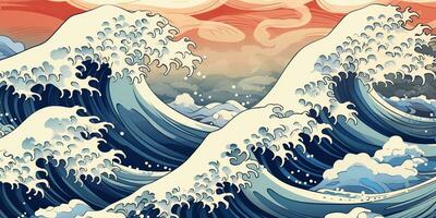 AI Generated. AI Generative.Vintage retro old style drawn paint sea ocean river water waves in minimal Japanese style. Marine and nautical  illustration. Graphic Art photo