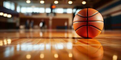 ai generado. ai generativo. baloncesto juego deporte arena estadio Corte en destacar con cesta pelota en piso. gráfico Arte foto