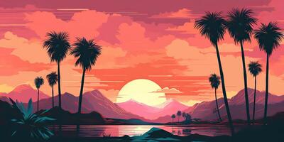 AI Generated. AI Generative. Vintage retro background landscape with palm trees mountain and lake sea ocean. Graphic Art photo