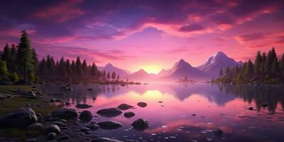 AI Generated. AI Generative. Purple pink color sunset evening nature outdoor lake with mountains landscape background. Graphic Art photo
