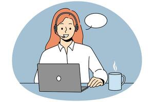 Smiling woman in headset talk on laptop photo