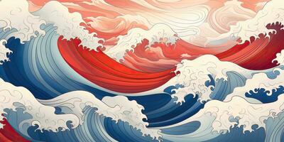 ai generado. ai generativo.vintage retro antiguo estilo dibujado pintar mar Oceano río agua olas en mínimo japonés estilo. marina y náutico ilustración. gráfico Arte foto
