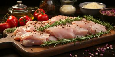 ai generado. ai generativo. crudo pollo pájaro filete carne en mesa Cocinando comida. gráfico Arte foto