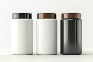 Clean mockups for cosmetic products. Three clean plastic cans for shampoo, conditioner and hair mask. Mockups for hair care products. Clean cans isolated on white background. for design. AI generated photo