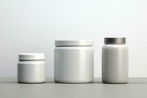Clean mockups for cosmetic products. Three clean cans for cream, shampoo, conditioner, mask, gel. Mockups for hair, body care products. Clean cans isolated on white background. for design AI generated photo