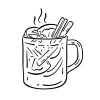 A glass of mulled wine with citrus fruits and a cinnamon stick. Vector illustration in doodle style