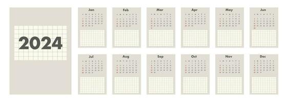 Monthly calendar for 2024. vertical calendar. The week starts on Sunday. vector