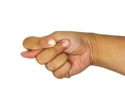 Thumb of left hand between index and middle finger - human hand gesture isolated on white background with copy space photo