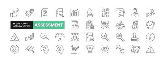 Set of 36 Assessment line icons set. Assessment outline icons with editable stroke collection. Includes Approval, Assessment, Audit, Risk, Goal, and More. vector