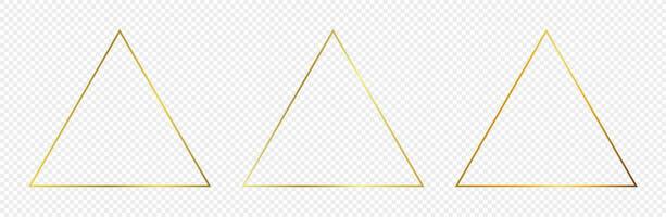 Set of three gold glowing triangle frames isolated on background. Shiny frame with glowing effects. Vector illustration.