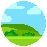 Natural cartoon landscape in circle. Vector illustration in the flat style with green hills, blue sky  and clouds at sunny day.