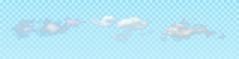 Isolated realistic clouds on blue background. Set of three natural elements for template decoration and mockup. Vector illustration