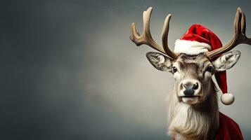 Young deer wearing a Santa hat on a gray background with space for text. Christmas deer with santa hat on dark background. photo