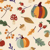 Seamless pattern with autumn elements in cartoon flat style. Pumpkins, acorn, oak leaf, fly agaric, rowan, rosehip. vector