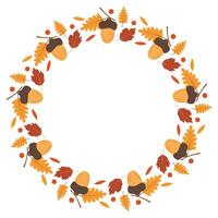 Autumn frame with leaves and acorns. Greeting card, invitation. Thanksgiving Day. Harvest Festival. Decorative round frame. vector