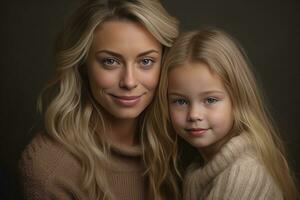 Beautiful blonds Half full faces of blond hair daughter and mother looking at camera and smiling while both standing against white background, Generative AI photo