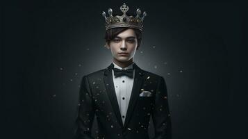 Business king Portrait of confident young man in formalwear and crown looking at camera and smiling while standing against grey background, Generative AI photo
