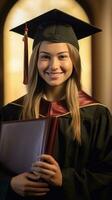 confidente mujer en birrete participación diploma y sonriente después graduación ceremonia, generativo ai foto