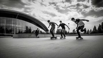 consiguiendo algunos aire Tres joven hombres patinar a el patinar parque juntos, generativo ai foto