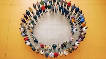 Happy united team Top view of positive diverse group of happy people in smart casual wear bonding to each other and standing in circle, Generative AI photo