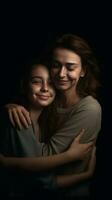 My daughter is my treasure Smiling mother and her daughter embracing and looking at camera while standing against grey background, Generative AI photo