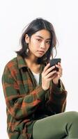 Reading new messages Beautiful young Asian woman holding mobile phone while standing against grey background, Generative AI photo