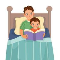 joven padre leyendo hora de acostarse historia libro a su hijo en el cama vector